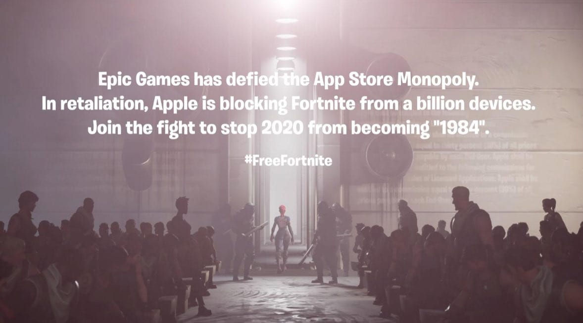 A still from a recreation of Apple’s 1984 ad in the style of Fortnite featuring a call to action against Apple’s App Store policy