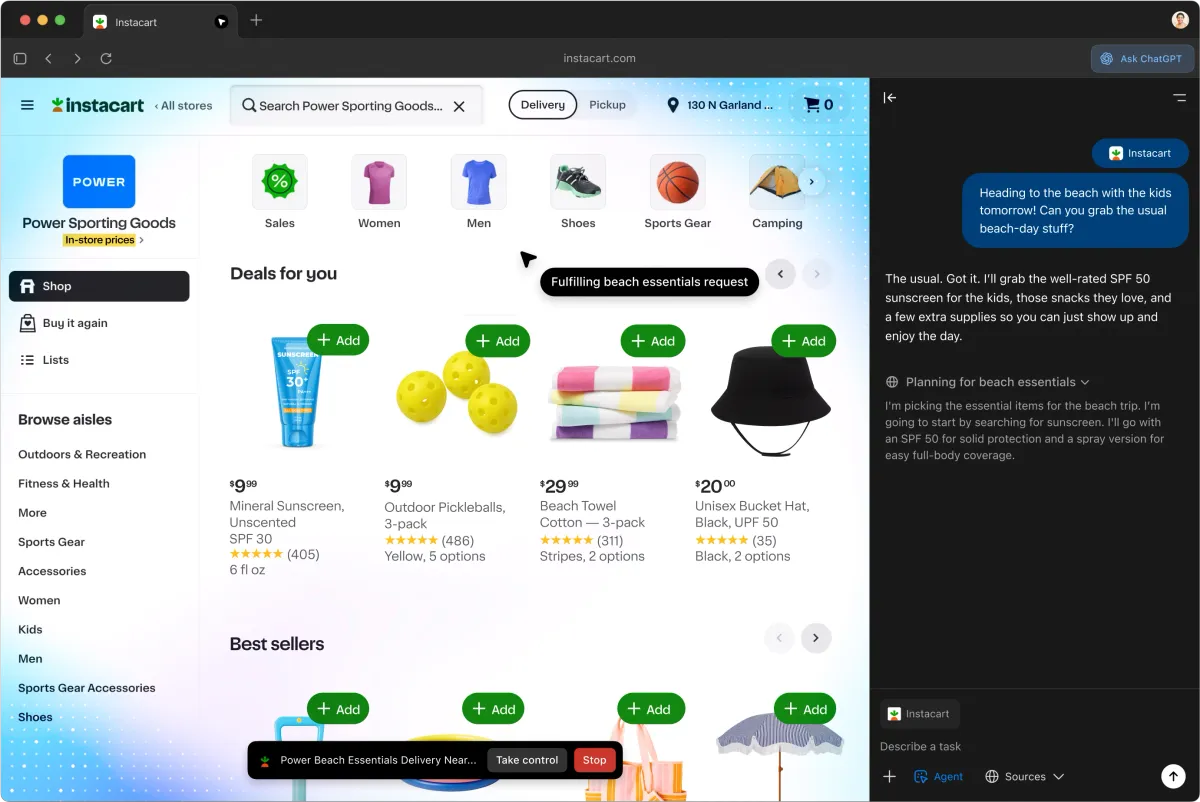 A screenshot of the Instacart website with a sidebar ChatGPT window in Atlas