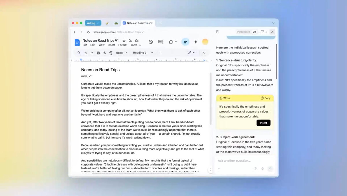 A screenshot of Dia with the sidebar open in a Google Doc with a yellow and blue gradient in the background