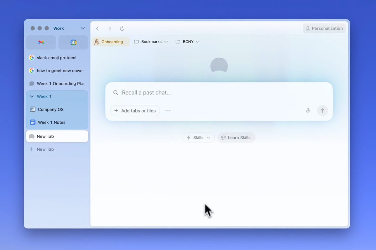 A screenshot of Dia, featuring sidebar tabs, pinned tabs, tab groups, and the Dia command bar