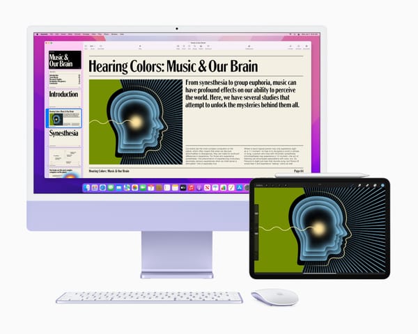 An iMac (purple) and an iPad on a white background