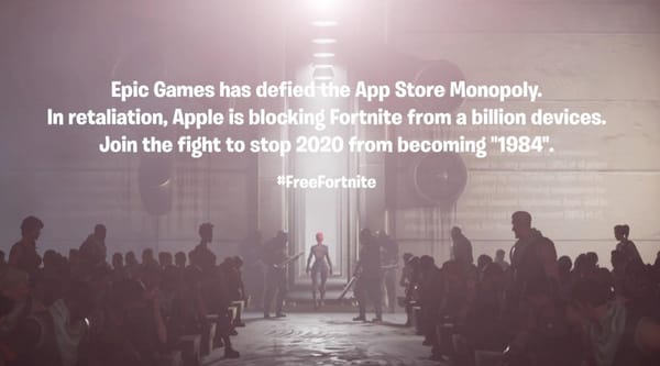 A still from a recreation of Apple’s 1984 ad in the style of Fortnite featuring a call to action against Apple’s App Store policy