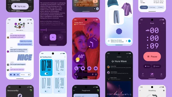 A masonry layout of purple tinted screens from Google's Material 3 Expressive design system