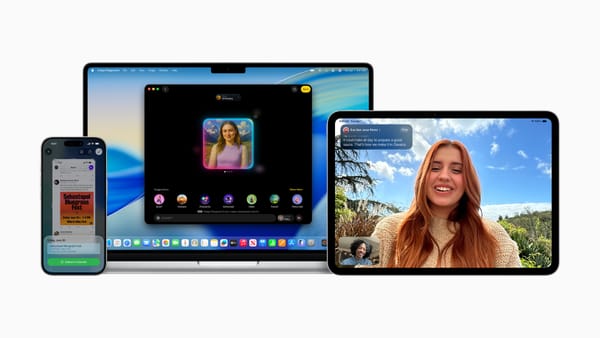An iPhone, a MacBook Pro, and an iPad Pro on a white background showing off some of Apple’s new AI features