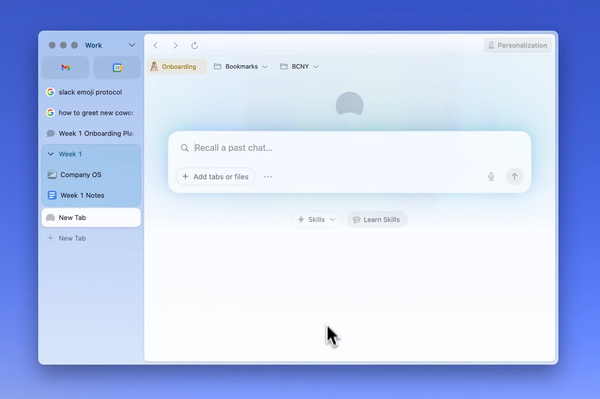 A screenshot of Dia, featuring sidebar tabs, pinned tabs, tab groups, and the Dia command bar